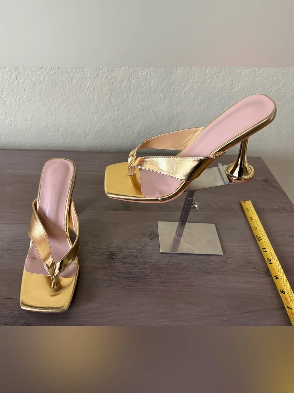 Metallic Gold Thong Mule Heels Square Toe Sculptural Flared Heel Size 39